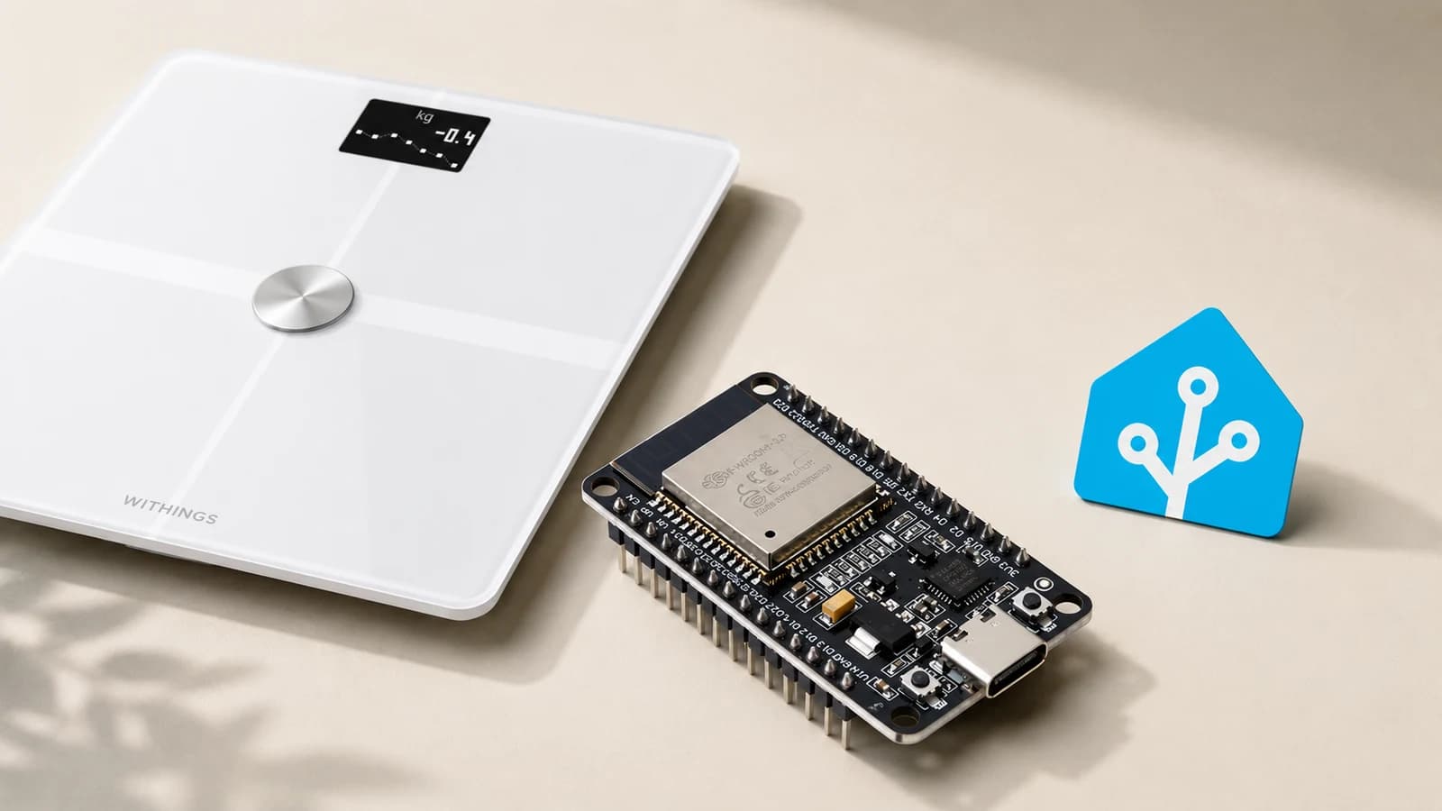 A Withings Body+ scale connected wirelessly to an ESP32 development board